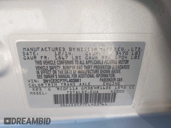2015 Nissan Note S Plus with VIN 3N1CE2CP7FL403961, listed as a IAAI auction lot 41874783 with 150,142 mi miles and . Bid and sale history available at DreamBid. Image 9.