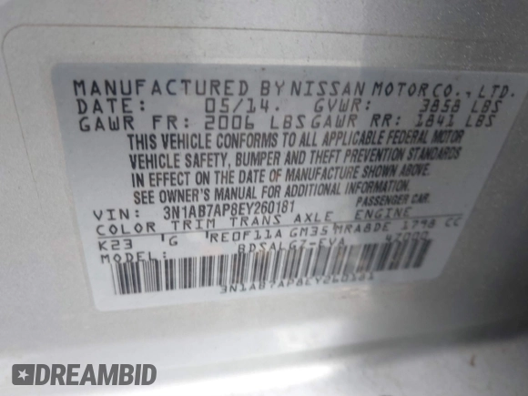 2014 Nissan Sentra SV with VIN 3N1AB7AP8EY260181, listed as a IAAI auction lot 41897517 with 174,384 mi miles and . Bid and sale history available at DreamBid. Image 9.