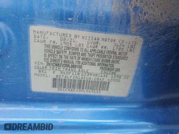 2021 Nissan Versa SV with VIN 3N1CN8EV3ML869155, listed as a Copart auction lot 57841325 with 82,711 mi miles and Salvage title. Bid and sale history available at DreamBid. Image 13.