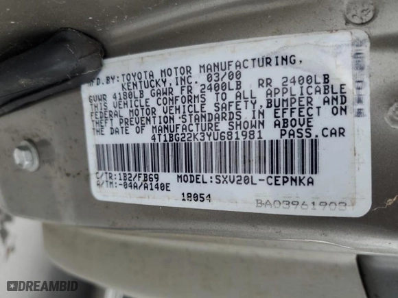 2000 Toyota Camry CE with VIN 4T1BG22K3YU681981, listed as a Copart auction lot 45733485 with 49,865 mi miles and Salvage Title. Bid and sale history available at carsss.com. Image 12.