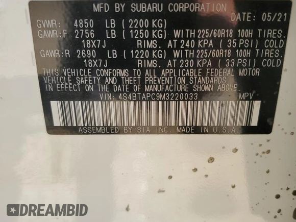 2021 Subaru Outback Touring with VIN 4S4BTAPC9M3220033, listed as a Copart auction lot 53655365 with 41,766 mi miles and Clean title. Bid and sale history available at DreamBid. Image 12.