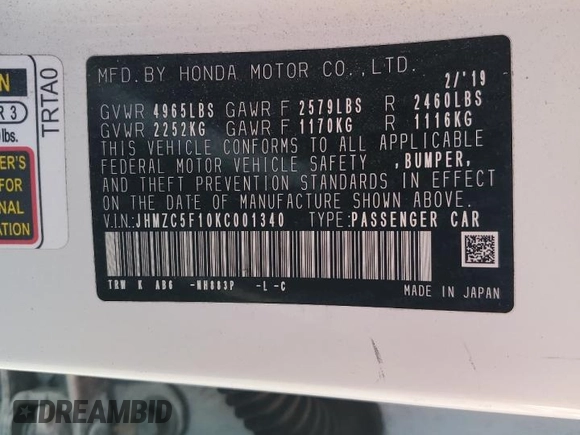 2019 Honda Clarity Plug-In Hybrid with VIN JHMZC5F10KC001340, listed as a Copart auction lot 83696954 with 141,062 mi miles and Salvage Title. Bid and sale history available at carsss.com. Image 14.
