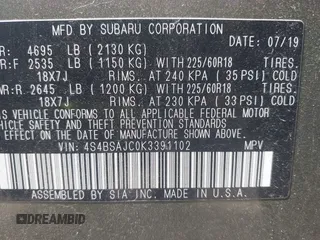 2019 Subaru Outback Limited with VIN 4S4BSAJC0K3391102, listed as a IAAI auction lot 42417622 with 40,590 mi miles and . Bid and sale history available at DreamBid. Image 9.