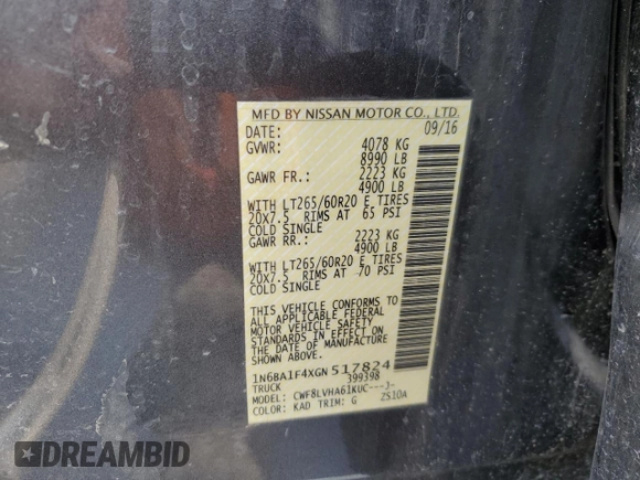2016 Nissan Titan XD PRO-4X with VIN 1N6BA1F4XGN517824, listed as a Copart auction lot 83119324 with 150,310 mi miles and Clean Title. Bid and sale history available at carsss.com. Image 12.
