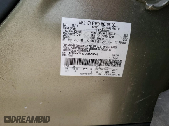 2012 Ford Explorer Limited with VIN 1FMHK7F83CGA79609, listed as a Copart auction lot 53390265 with 195,978 mi miles and Salvage Title. Bid and sale history available at carsss.com. Image 13.