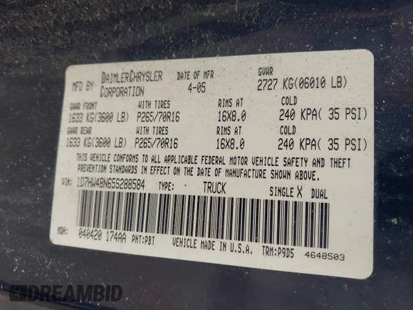 2005 Dodge Dakota SLT with VIN 1D7HW48N65S288584, listed as a IAAI auction lot 42130695 with 221,636 mi miles. Bid and sale history available at carsss.com. Image 9.