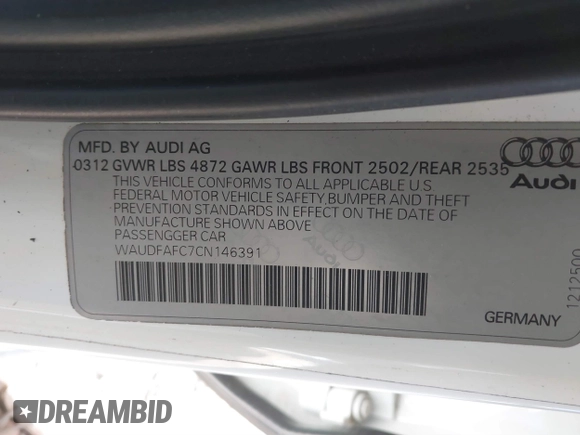 2012 Audi A6 Premium Plus with VIN WAUDFAFC7CN146391, listed as a IAAI auction lot 41637925 with 186,682 mi miles and . Bid and sale history available at DreamBid. Image 9.