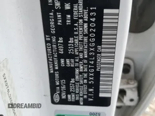 2016 Kia Optima LX with VIN 5XXGT4L3XGG020431, listed as a Copart auction lot 57244075 with 149,939 mi miles and Salvage title. Bid and sale history available at DreamBid. Image 12.