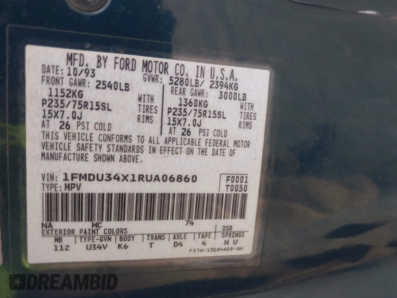 1994 Ford Explorer Eddie Bauer z VIN 1FMDU34X1RUA06860, wystawiony jako IAAI lot #42218488 z przebiegiem 68 682 mil mil oraz . Historia ofert i sprzedaży dostępna na DreamBid. Obrazek 9.