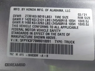 2021 Honda Ridgeline RTL-E with VIN 5FPYK3F79MB010091, listed as a IAAI auction lot 41386318 with 37,996 mi miles and . Bid and sale history available at DreamBid. Image 9.