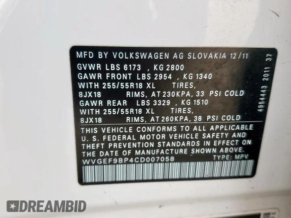 2012 Volkswagen Touareg Sport z VIN WVGEF9BP4CD007058, wystawiony jako Copart lot #56971745 z przebiegiem 181 221 mil mil oraz Czysty tytuł • Clean title. Historia ofert i sprzedaży dostępna na DreamBid. Obrazek 12.
