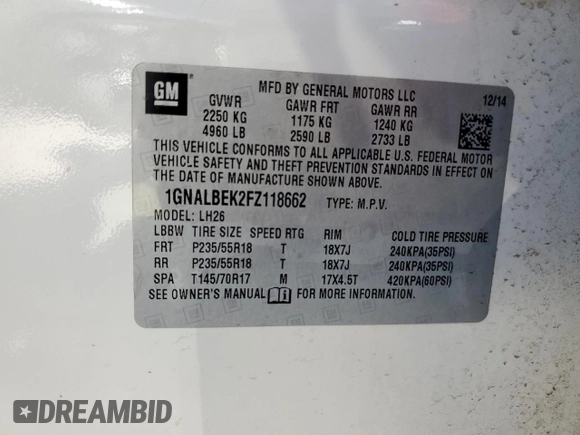 2015 Chevrolet Equinox LT with VIN 1GNALBEK2FZ118662, listed as a Copart auction lot 53405045 with 177,208 mi miles and Clean Title. Bid and sale history available at carsss.com. Image 13.