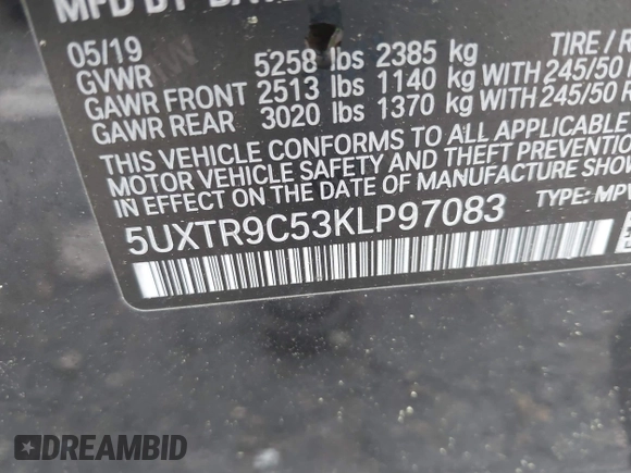 2019 BMW X3 xDrive30i with VIN 5UXTR9C53KLP97083, listed as a IAAI auction lot 41971793 with 26,902 mi miles and . Bid and sale history available at DreamBid. Image 9.