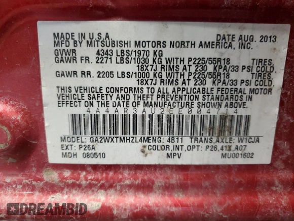 2014 Mitsubishi Outlander Sport ES with VIN 4A4AR3AU2EE004714, listed as a Copart auction lot 47062795 with 0 mi miles and Salvage Title. Bid and sale history available at carsss.com. Image 13.