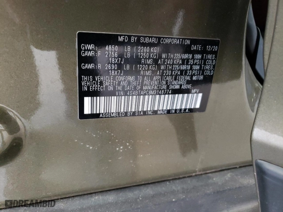 2021 Subaru Outback Touring with VIN 4S4BTAPC8M3148774, listed as a Copart auction lot 45512495 with 51,707 mi miles and Salvage Title. Bid and sale history available at carsss.com. Image 14.