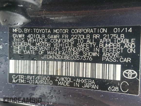2014 Toyota Prius Four z VIN JTDKN3DU8E0357376, wystawiony jako Copart lot #56007365 z przebiegiem 146 293 mil mil oraz Szkoda całkowita • Salvage title. Historia ofert i sprzedaży dostępna na DreamBid. Obrazek 12.