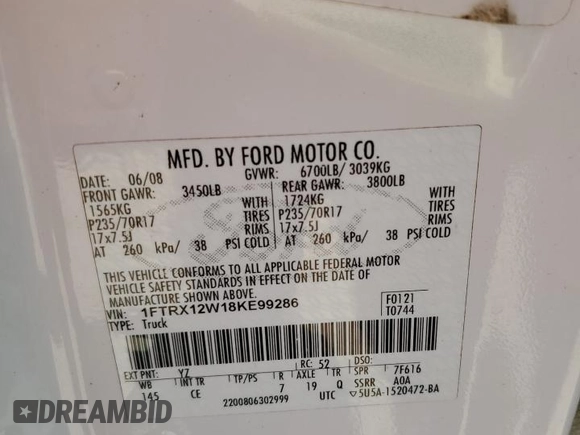 2008 Ford F-150 STX with VIN 1FTRX12W18KE99286, listed as a Copart auction lot 52509345 with Not Provided miles and Salvage Title. Bid and sale history available at carsss.com. Image 13.