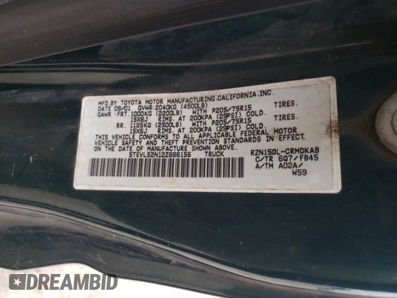 2002 Toyota Tacoma with VIN 5TEVL52N12Z886156, listed as a Copart auction lot 58209115 with 239,882 mi miles and Clean title. Bid and sale history available at DreamBid. Image 12.