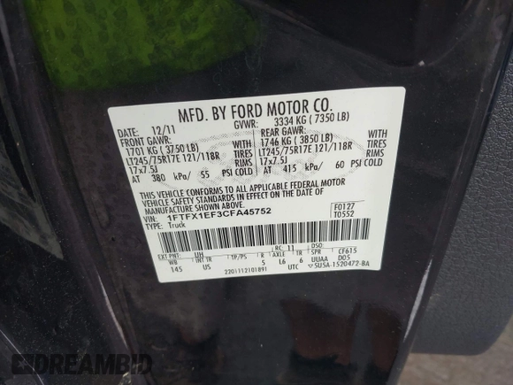 2012 Ford F-150 XL with VIN 1FTFX1EF3CFA45752, listed as a IAAI auction lot 42488331 with 148,367 mi miles and . Bid and sale history available at DreamBid. Image 9.