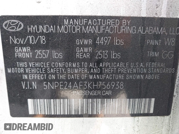 2019 Hyundai Sonata SE with VIN 5NPE24AF3KH756938, listed as a IAAI auction lot 41820296 with 76,064 mi miles and . Bid and sale history available at carsss.com. Image 9.