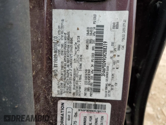 2013 Ford Fusion Titanium with VIN 3FA6P0D99DR288319, listed as a Copart auction lot 50056905 with 0 mi miles and Salvage Title. Bid and sale history available at carsss.com. Image 12.