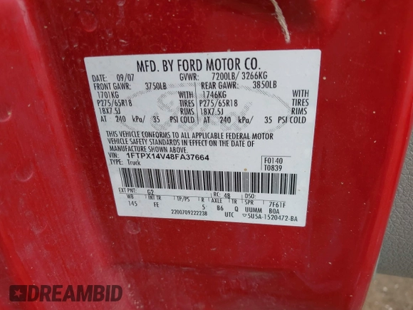 2008 Ford F-150 XLT with VIN 1FTPX14V48FA37664, listed as a IAAI auction lot 42766857 with 219,135 mi miles and . Bid and sale history available at DreamBid. Image 9.
