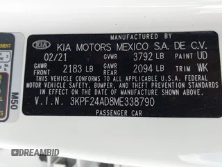 2021 Kia Forte LXS with VIN 3KPF24AD8ME338790, listed as a IAAI auction lot 42547558 with 58,308 mi miles and . Bid and sale history available at DreamBid. Image 9.