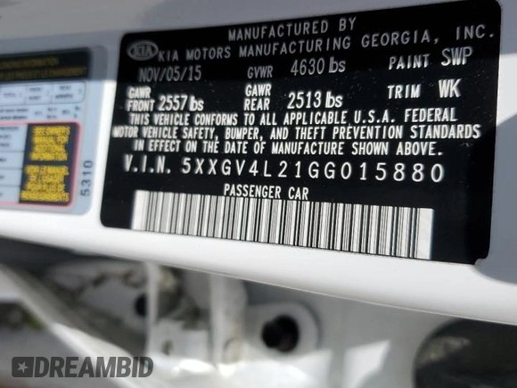2016 Kia Optima SXL Turbo with VIN 5XXGV4L21GG015880, listed as a Copart auction lot 56623315 with 134,632 mi miles and Salvage title. Bid and sale history available at DreamBid. Image 12.