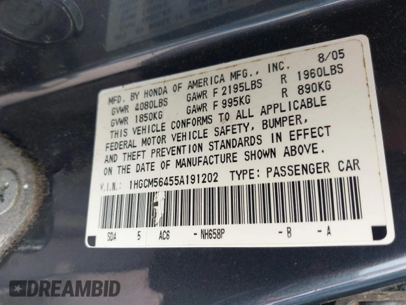 2005 Honda Accord LX z VIN 1HGCM56455A191202, wystawiony jako IAAI lot #42347658 z przebiegiem 222 365 mil mil oraz . Historia ofert i sprzedaży dostępna na DreamBid. Obrazek 9.
