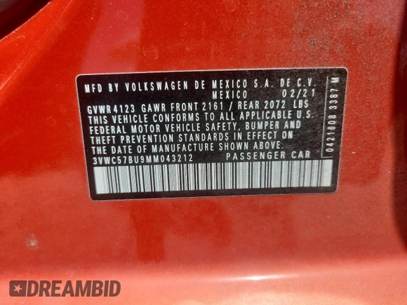 2021 Volkswagen Jetta S with VIN 3VWC57BU9MM043212, listed as a Copart auction lot 64894545 with 60,632 mi miles and Non repairable. Bid and sale history available at DreamBid. Image 13.
