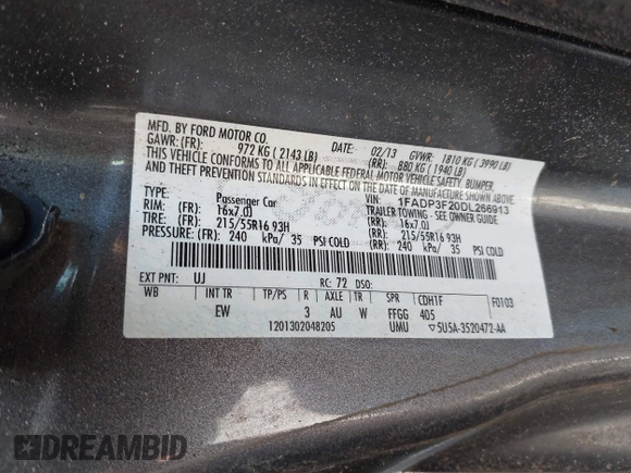 2013 Ford Focus SE with VIN 1FADP3F20DL266913, listed as a IAAI auction lot 42457006 with Not provided miles and . Bid and sale history available at DreamBid. Image 9.