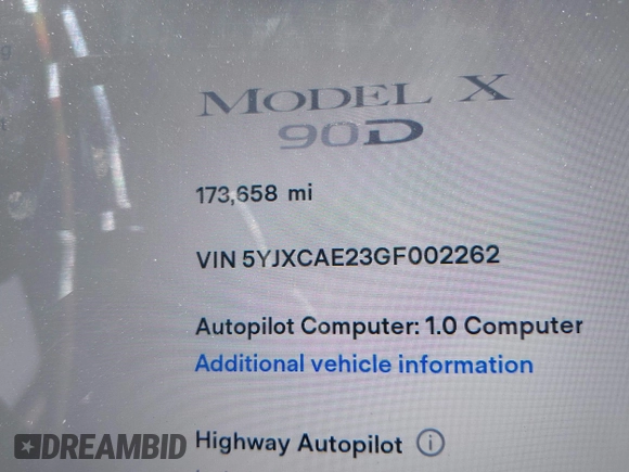2016 Tesla Model X 70D with VIN 5YJXCAE23GF002262, listed as a IAAI auction lot 41839084 with 173,658 mi miles. Bid and sale history available at carsss.com. Image 15.