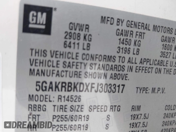 2015 Buick Enclave • with VIN 5GAKRBKDXFJ303317, listed as a IAAI auction lot 41948316 with 147,010 mi miles and . Bid and sale history available at carsss.com. Image 9.