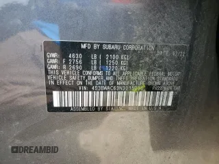 2022 Subaru Legacy Premium with VIN 4S3BWAC63N3015238, listed as a Copart auction lot 58767565 with 65,442 mi miles and Salvage title. Bid and sale history available at DreamBid. Image 12.