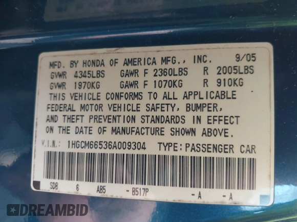 2006 Honda Accord EX-L z VIN 1HGCM66536A009304, wystawiony jako IAAI lot #41907588 z przebiegiem 221 176 mil mil oraz . Historia ofert i sprzedaży dostępna na DreamBid. Obrazek 9.