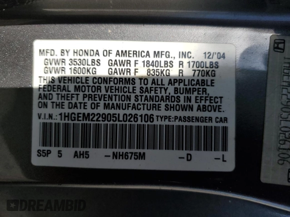 2005 Honda Civic EX with VIN 1HGEM22905L026106, listed as a Copart auction lot 48426795 with Not Provided miles and Clean Title. Bid and sale history available at DreamBid. Image 13.