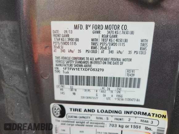 2013 Ford F-150 XL with VIN 1FTFW1ETXDFD53270, listed as a Copart auction lot 60372525 with Not provided miles and Salvage title. Bid and sale history available at DreamBid. Image 12.