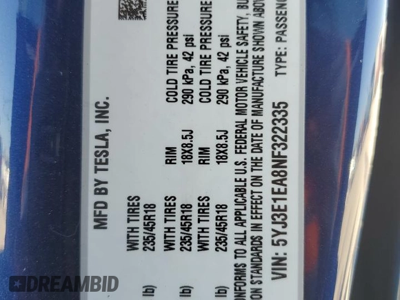 2022 Tesla Model 3 with VIN 5YJ3E1EA8NF322335, listed as a Copart auction lot 48187265 with 22,265 mi miles and Clean Title. Bid and sale history available at DreamBid. Image 12.