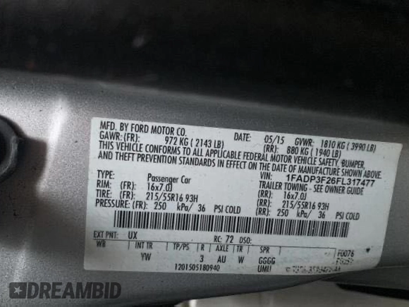 2015 Ford Focus SE с VIN 1FADP3F26FL317477, выставлен на аукционе Copart как лот 60255715 с пробегом 115 151 миль миль и Чистый • Clean title. История ставок и продаж доступна на DreamBid. Изображение 10.