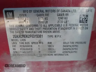 2015 GMC Terrain SLE with VIN 2GKALREK2F6315381, listed as a IAAI auction lot 41437192 with 109,428 mi miles. Bid and sale history available at carsss.com. Image 9.