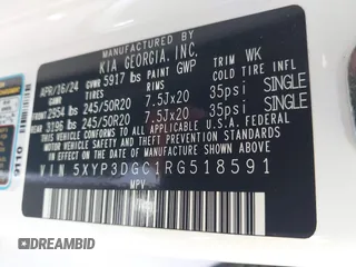 2024 Kia Telluride EX X-Line with VIN 5XYP3DGC1RG518591, listed as a IAAI auction lot 42213577 with 15,760 mi miles and . Bid and sale history available at DreamBid. Image 9.