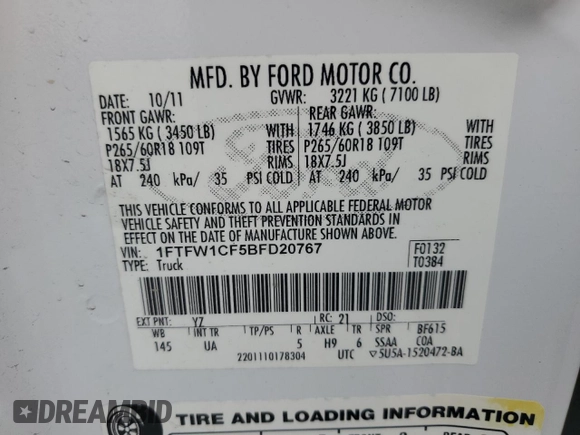 2011 Ford F-150 XL with VIN 1FTFW1CF5BFD20767, listed as a Copart auction lot 58480325 with 249,826 mi miles and Salvage title. Bid and sale history available at DreamBid. Image 12.