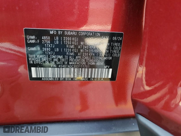 2025 Subaru Outback Premium with VIN 4S4BTADC3S3111701, listed as a Copart auction lot 67938994 with 218 mi miles and Salvage Title. Bid and sale history available at carsss.com. Image 12.
