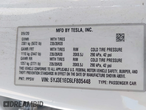 2020 Tesla Model 3 Performance z VIN 5YJ3E1EC6LF805448, wystawiony jako IAAI lot #42207433 z przebiegiem 114 412 mil mil oraz . Historia ofert i sprzedaży dostępna na DreamBid. Obrazek 9.