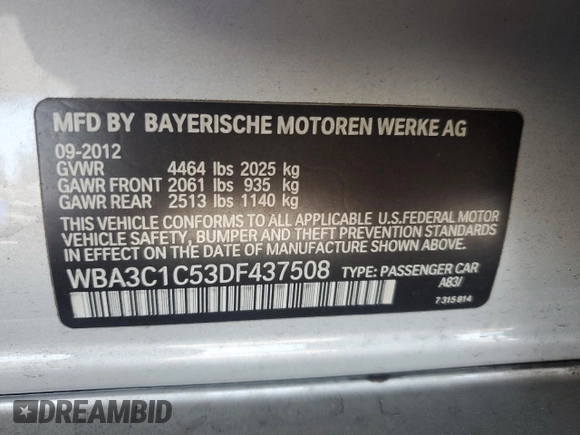 2013 BMW 3 Series 328i z VIN WBA3C1C53DF437508, wystawiony jako Copart lot #58210665 z przebiegiem 77 982 mil mil oraz Szkoda całkowita • Salvage title. Historia ofert i sprzedaży dostępna na DreamBid. Obrazek 13.