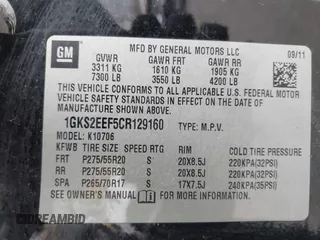 2012 GMC Yukon Denali with VIN 1GKS2EEF5CR129160, listed as a IAAI auction lot 42012417 with 221,871 mi miles. Bid and sale history available at carsss.com. Image 9.