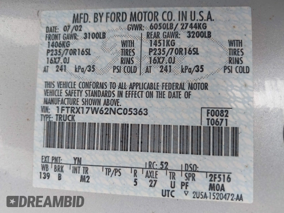 2002 Ford F-150 XL with VIN 1FTRX17W62NC05363, listed as a IAAI auction lot 41897174 with 1 mi miles. Bid and sale history available at carsss.com. Image 9.