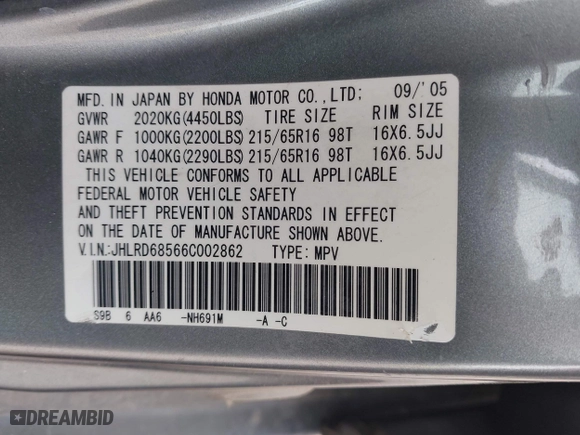 2006 Honda CR-V LX with VIN JHLRD68566C002862, listed as a IAAI auction lot 41954749 with 294,867 mi miles. Bid and sale history available at carsss.com. Image 9.