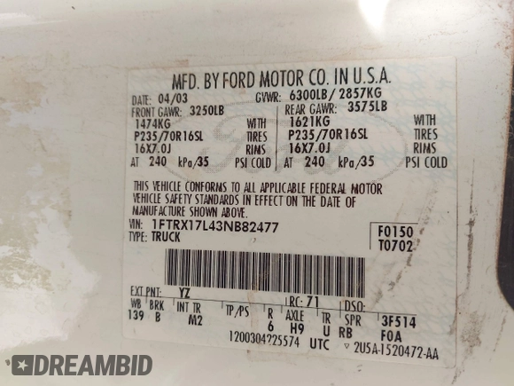 2003 Ford F-150 XL with VIN 1FTRX17L43NB82477, listed as a IAAI auction lot 42427957 with Not provided miles and . Bid and sale history available at DreamBid. Image 9.