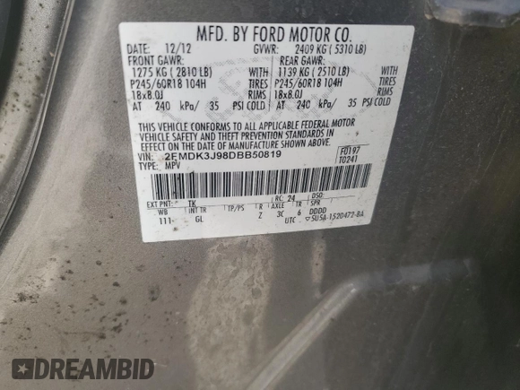 2013 Ford Edge SEL with VIN 2FMDK3J98DBB50819, listed as a Copart auction lot 48183895 with 168,396 mi miles and Salvage Title. Bid and sale history available at carsss.com. Image 14.